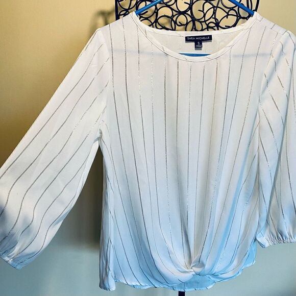 SARA MICHELLE SILKY WHITE BLOUSE WITH METALLIC SILVER PINSTRIPES S NWOT - Picture 11 of 13